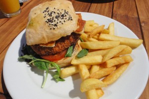 Chickpea, halloumi and pesto burger at Trout restaurant in Wanaka, New Zealand