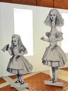 John Tenniel's illustrations for Alice in Wonderland. Cardboard figures part of the exhibit at the British Library.