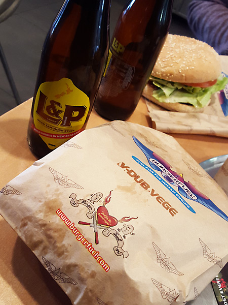 L&P plus a V-Dub Vege at BurgerFuel New Zealand