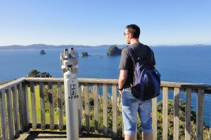Admiring the view on the walk to Cathedral Cove in New Zealand