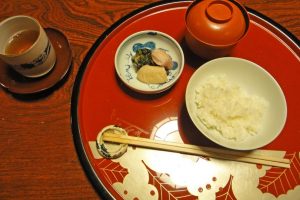 Miso soup, rice and pickled vegetables